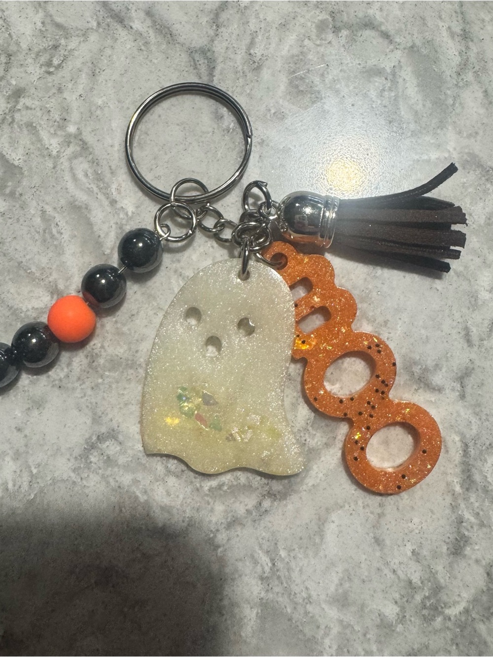 Sparkle Ghost & BOO Halloween Bag Charm Keychain - Orange and Cream